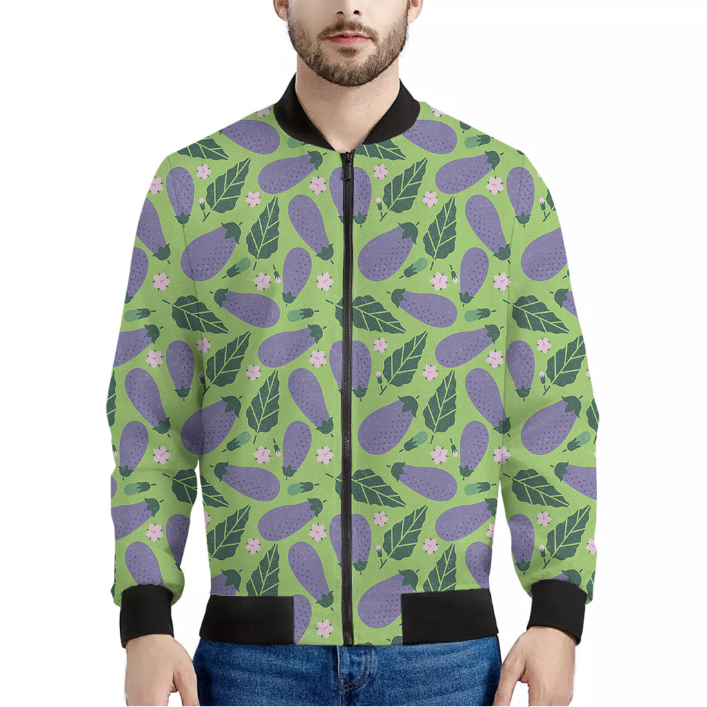 Eggplant With Leaves And Flowers Print Men's Bomber Jacket