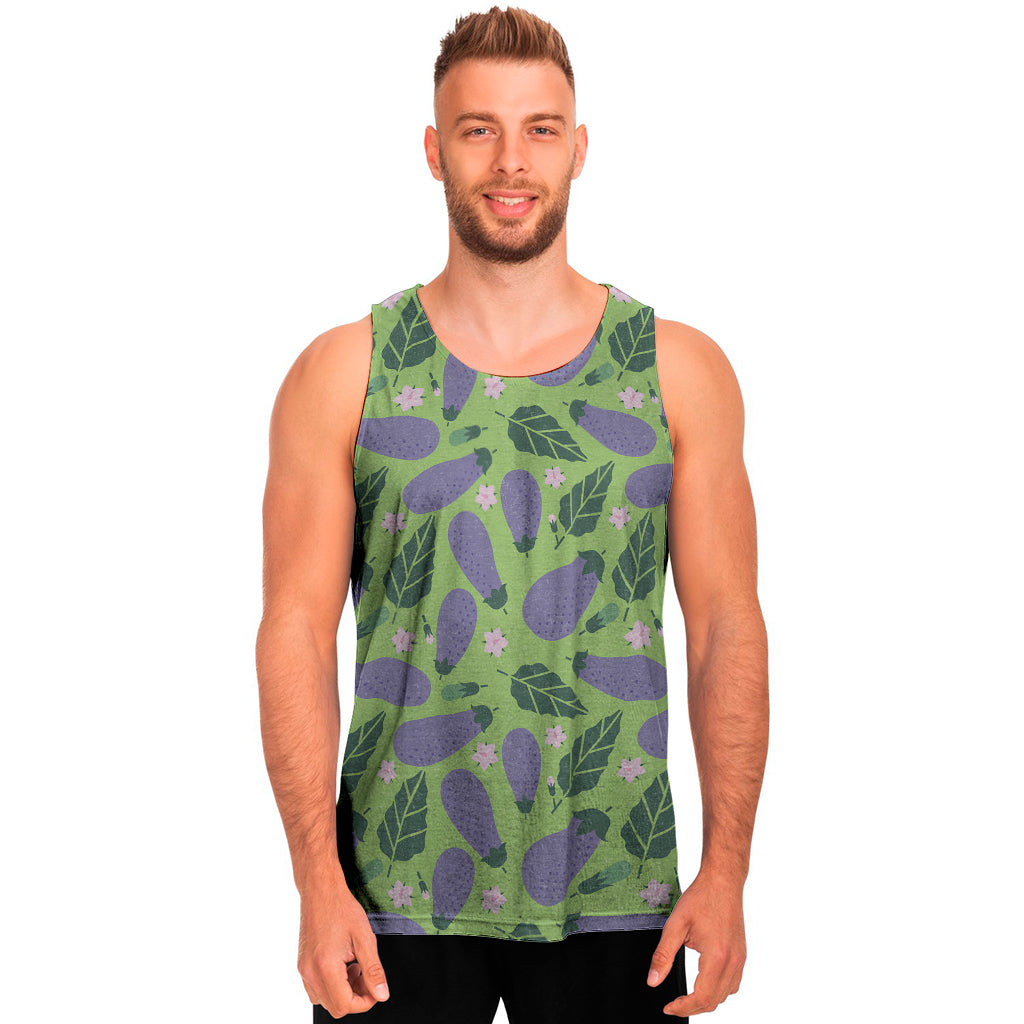 Eggplant With Leaves And Flowers Print Men's Tank Top