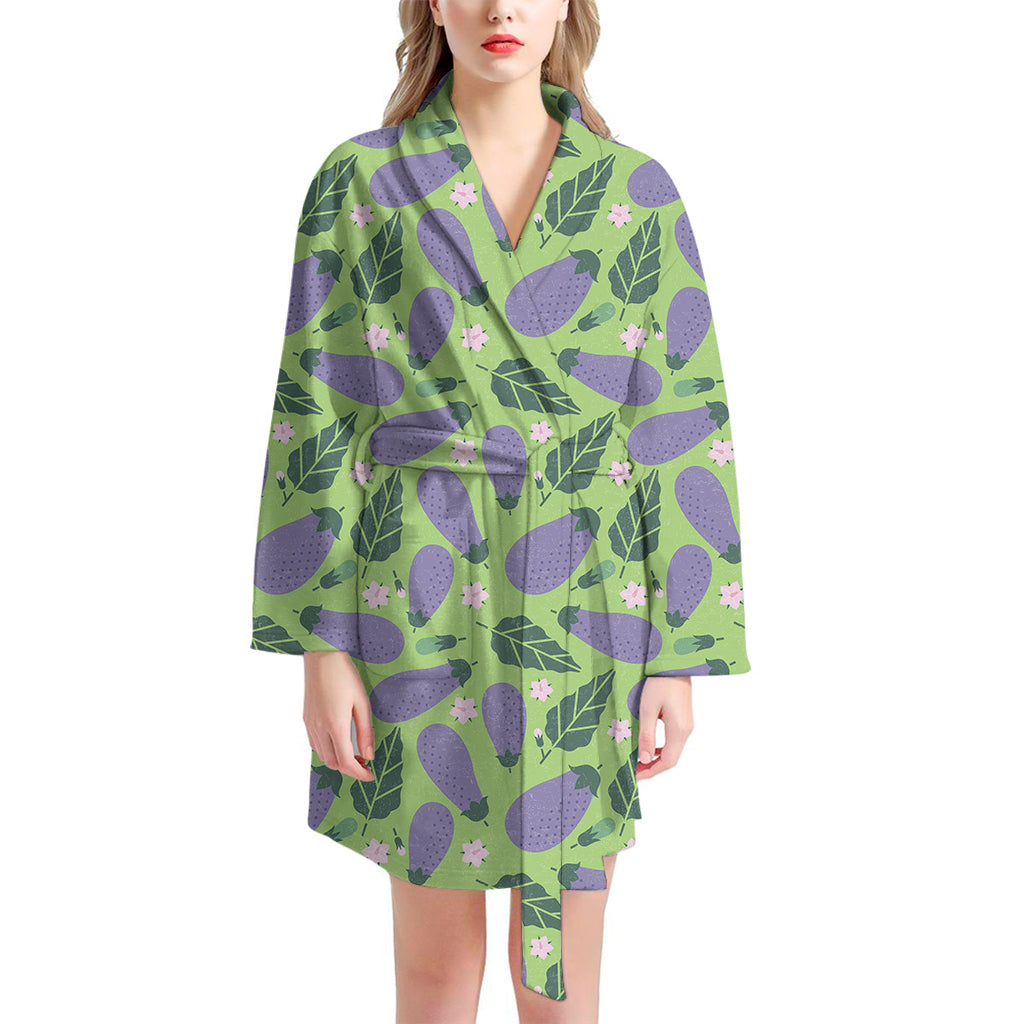 Eggplant With Leaves And Flowers Print Women's Bathrobe