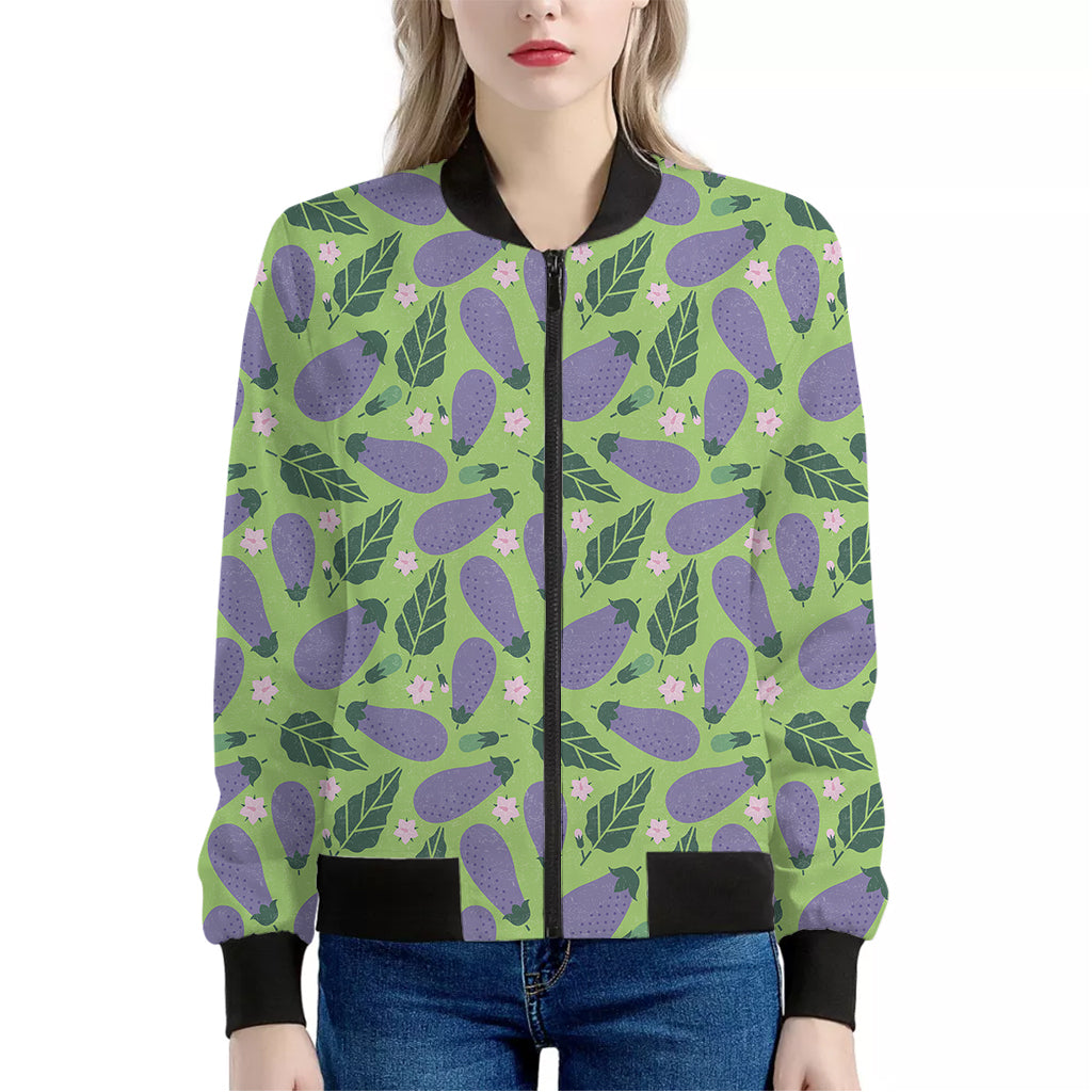 Eggplant With Leaves And Flowers Print Women's Bomber Jacket