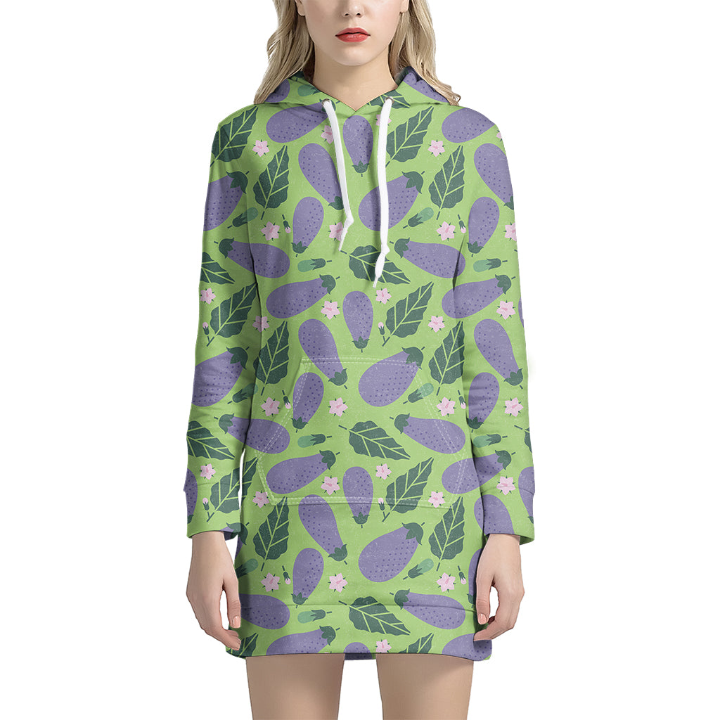 Eggplant With Leaves And Flowers Print Women's Pullover Hoodie Dress