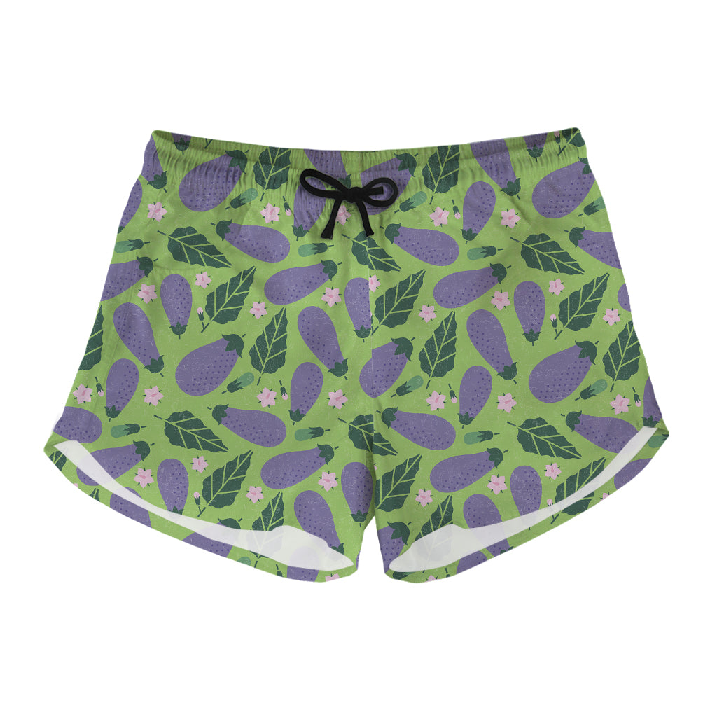 Eggplant With Leaves And Flowers Print Women's Shorts