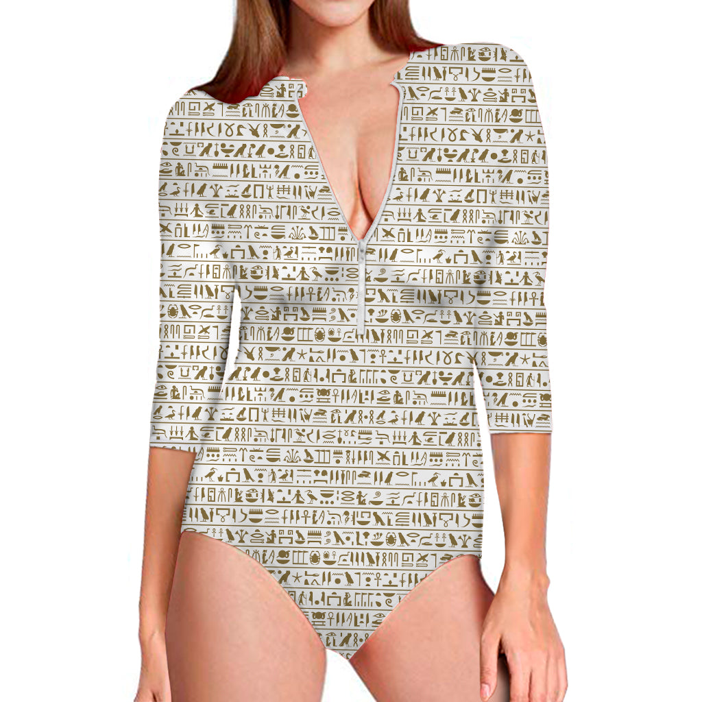 Egypt Hieroglyphs Pattern Print Long Sleeve One Piece Swimsuit