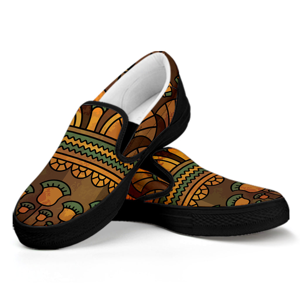 Egyptian Ethnic Pattern Print Black Slip On Shoes