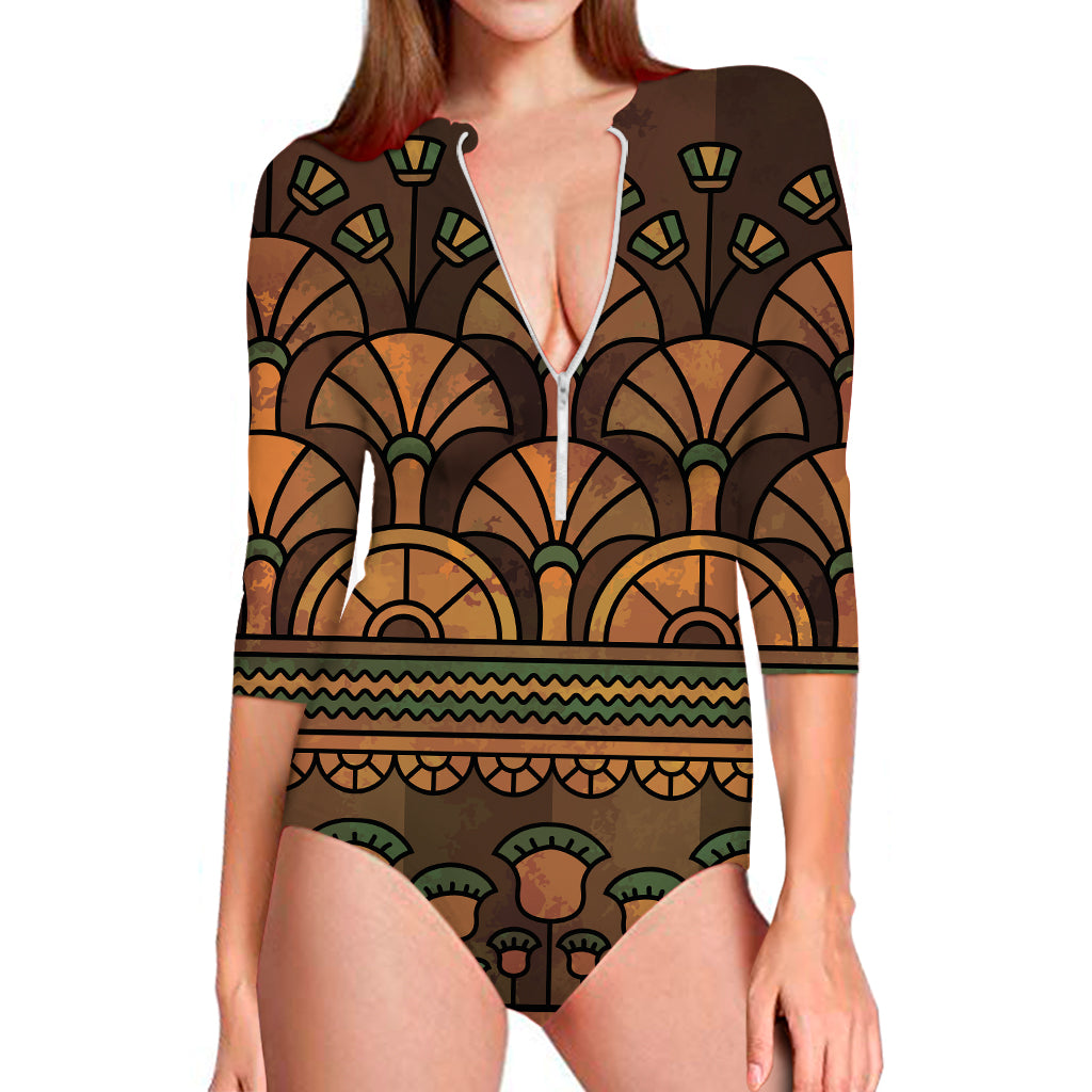 Egyptian Ethnic Pattern Print Long Sleeve One Piece Swimsuit