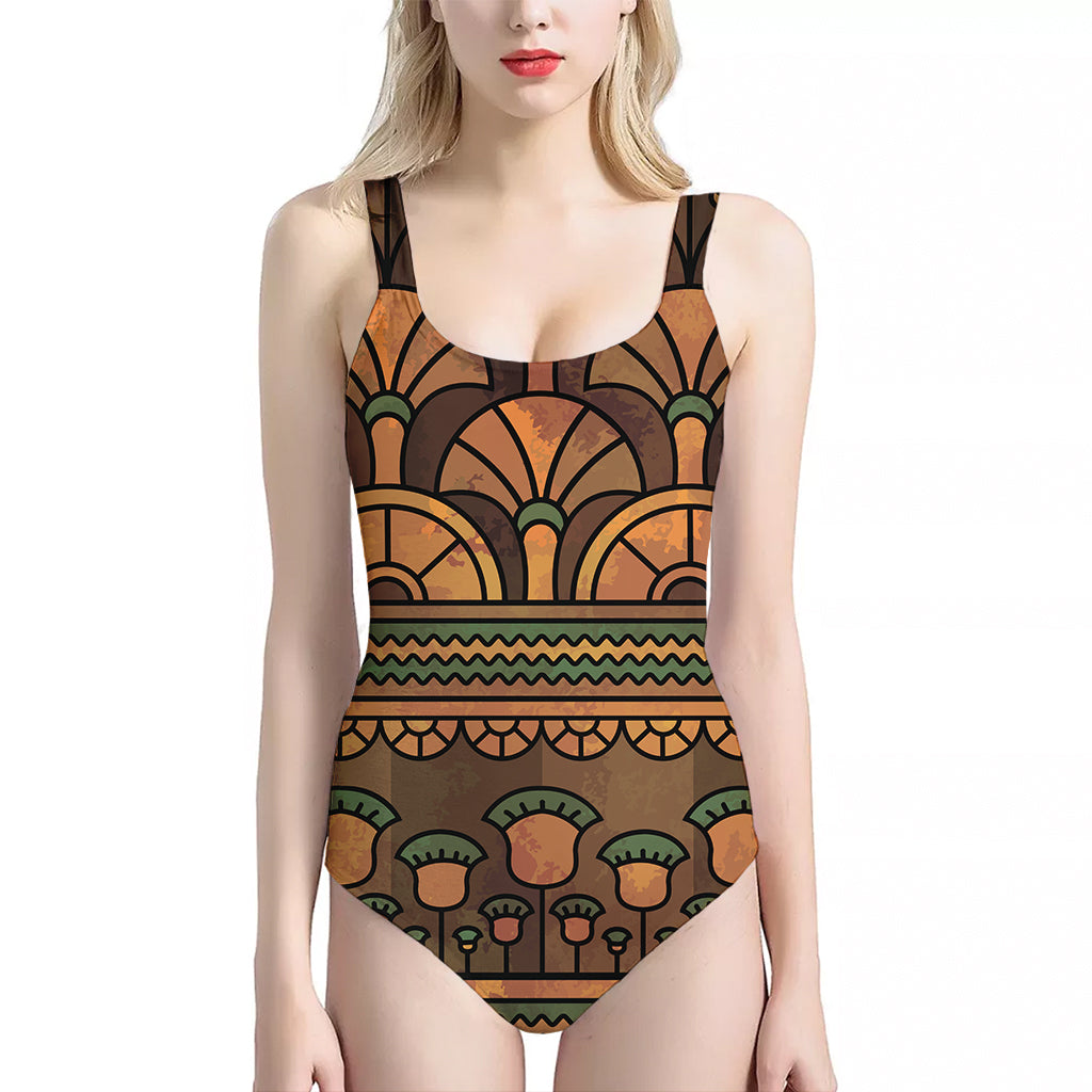 Egyptian Ethnic Pattern Print One Piece Halter Neck Swimsuit