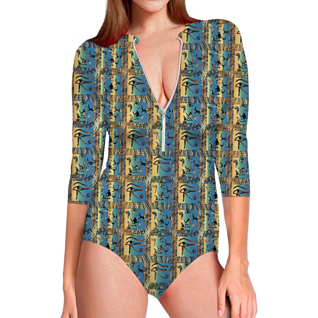 Egyptian Eye Of Horus Pattern Print Long Sleeve One Piece Swimsuit