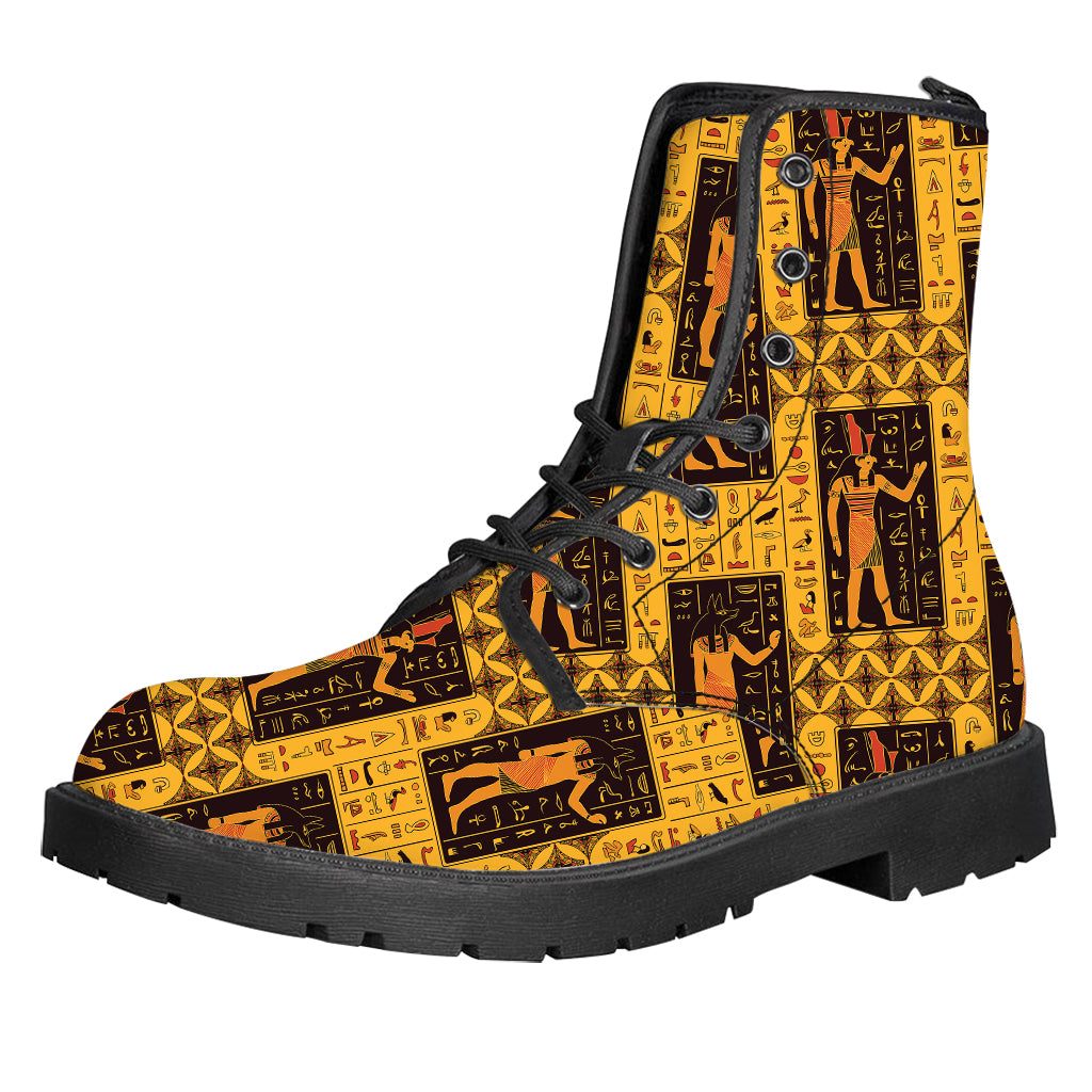 Egyptian Gods And Hieroglyphs Print Leather Boots