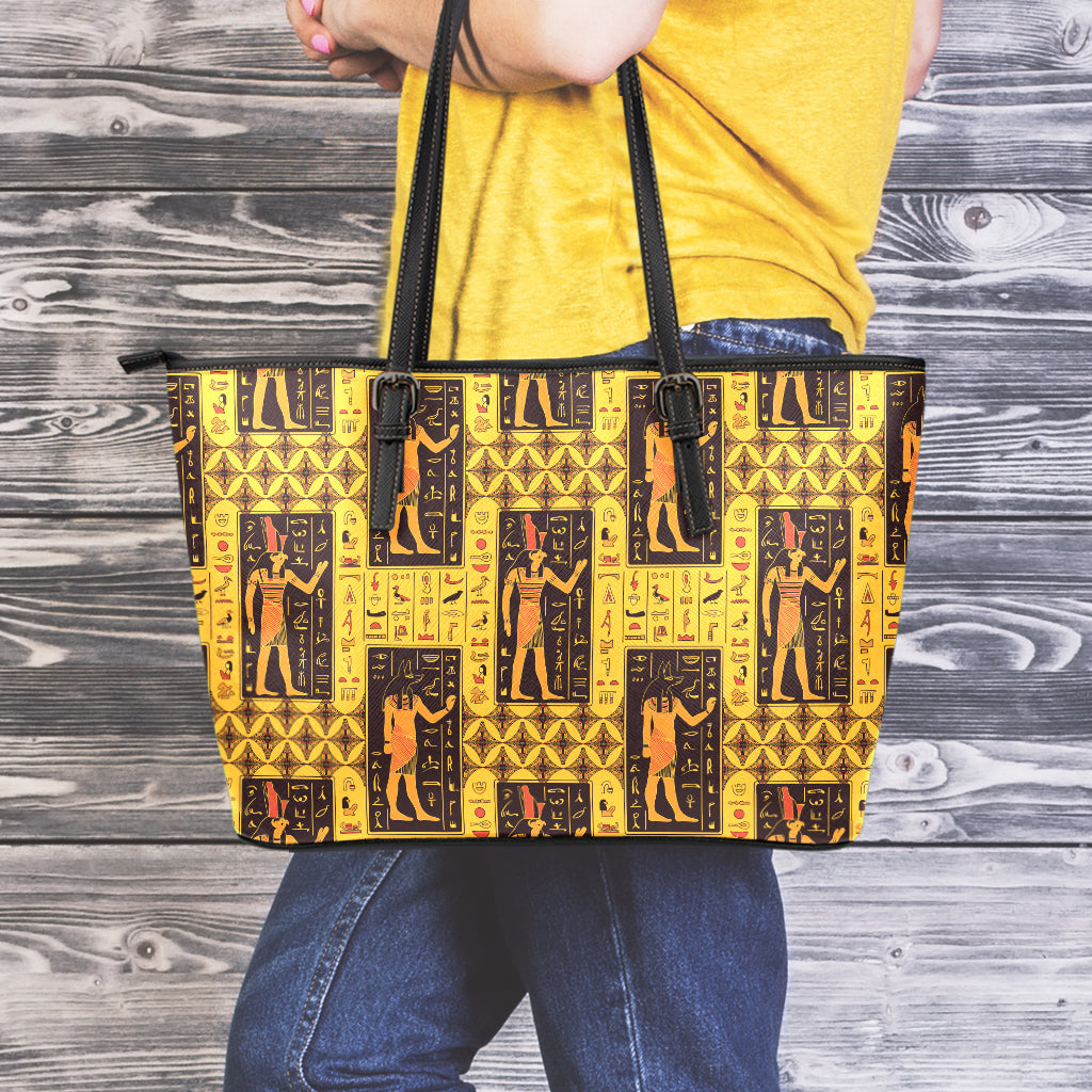 Egyptian Gods And Hieroglyphs Print Leather Tote Bag