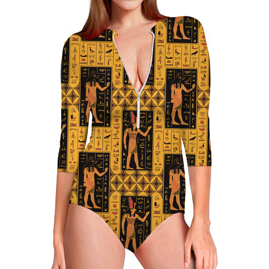 Egyptian Gods And Hieroglyphs Print Long Sleeve One Piece Swimsuit