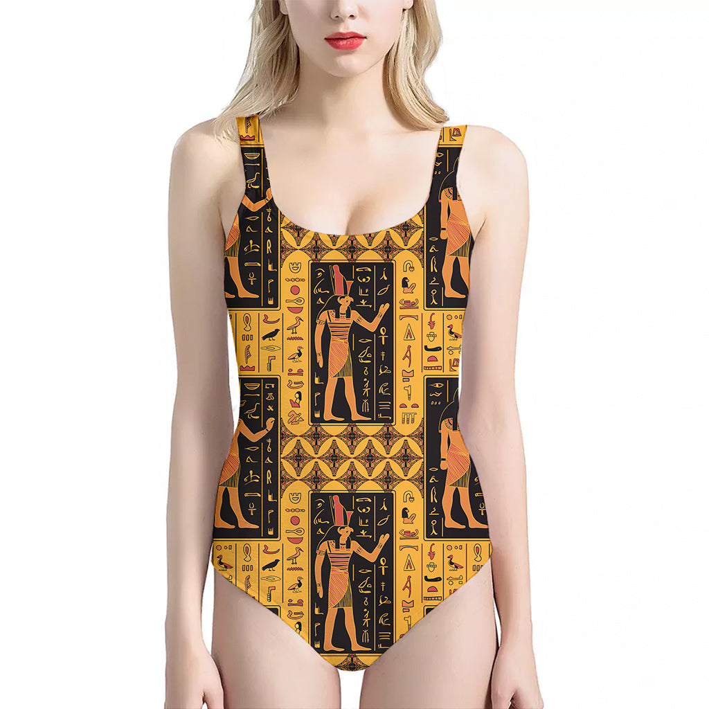 Egyptian Gods And Hieroglyphs Print One Piece Halter Neck Swimsuit