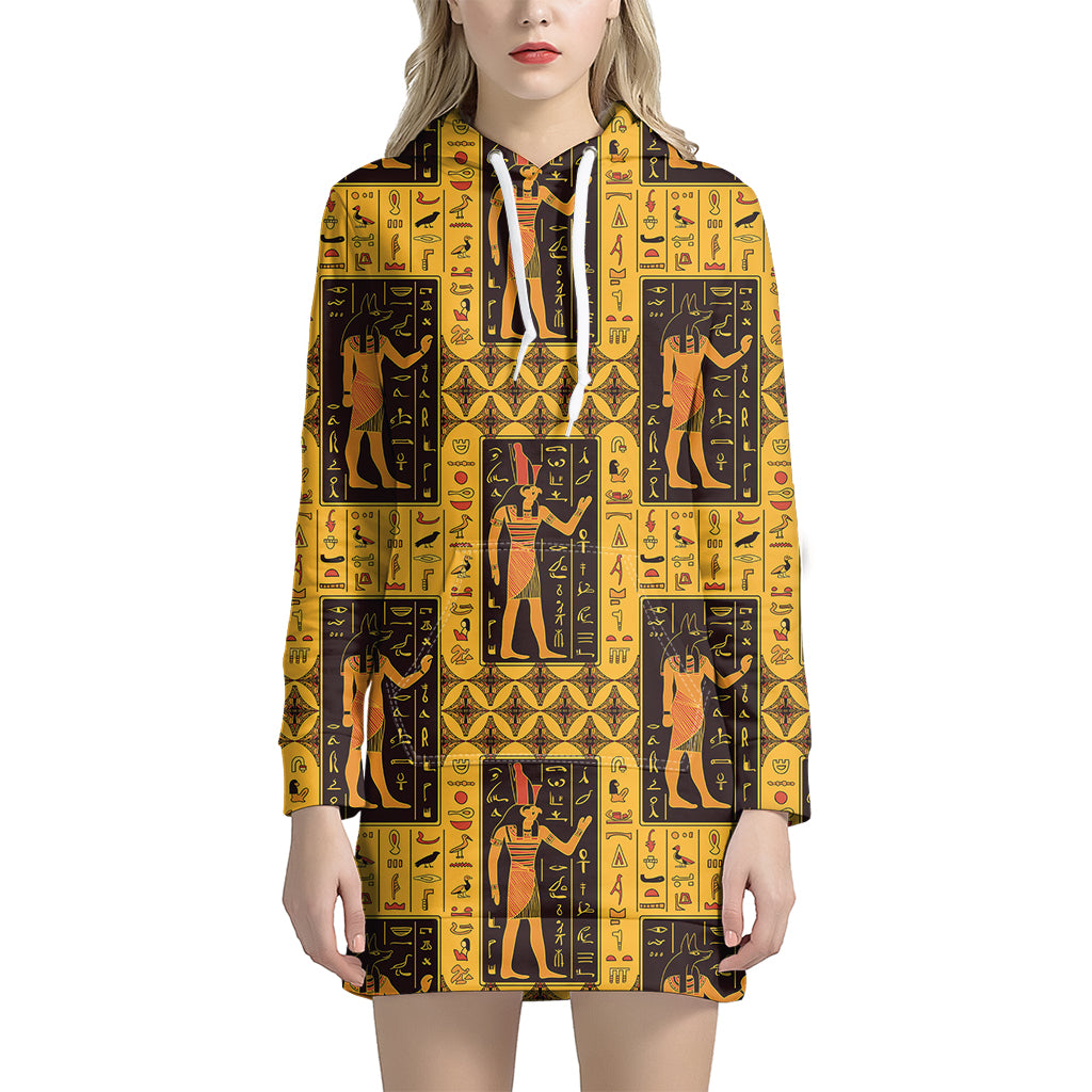 Egyptian Gods And Hieroglyphs Print Women's Pullover Hoodie Dress