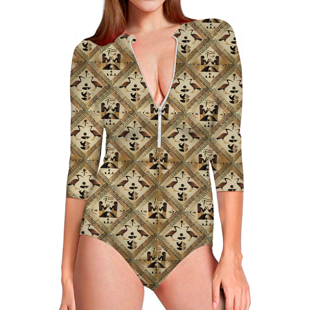 Egyptian Hieroglyphs Pattern Print Long Sleeve One Piece Swimsuit