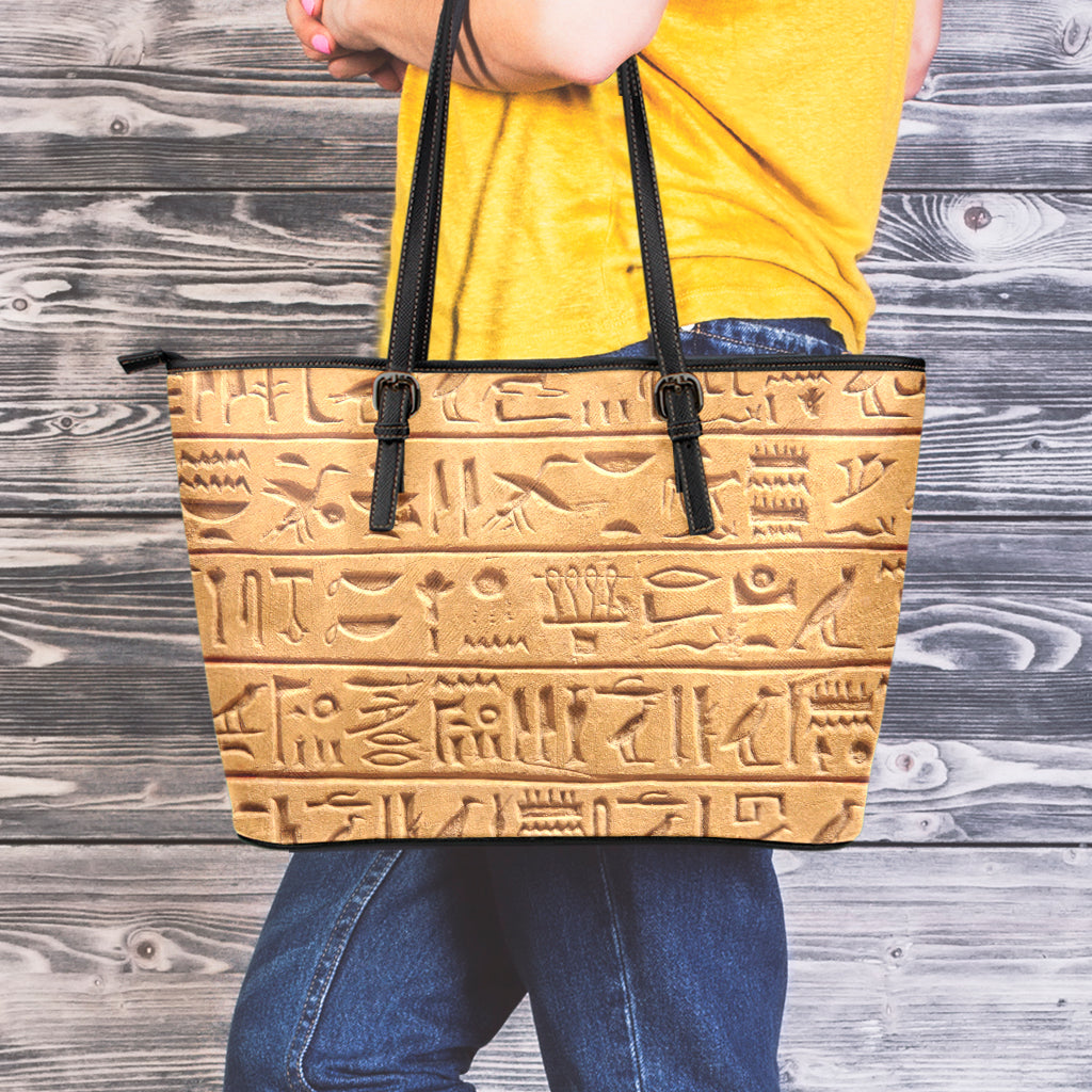 Egyptian Hieroglyphs Print Leather Tote Bag