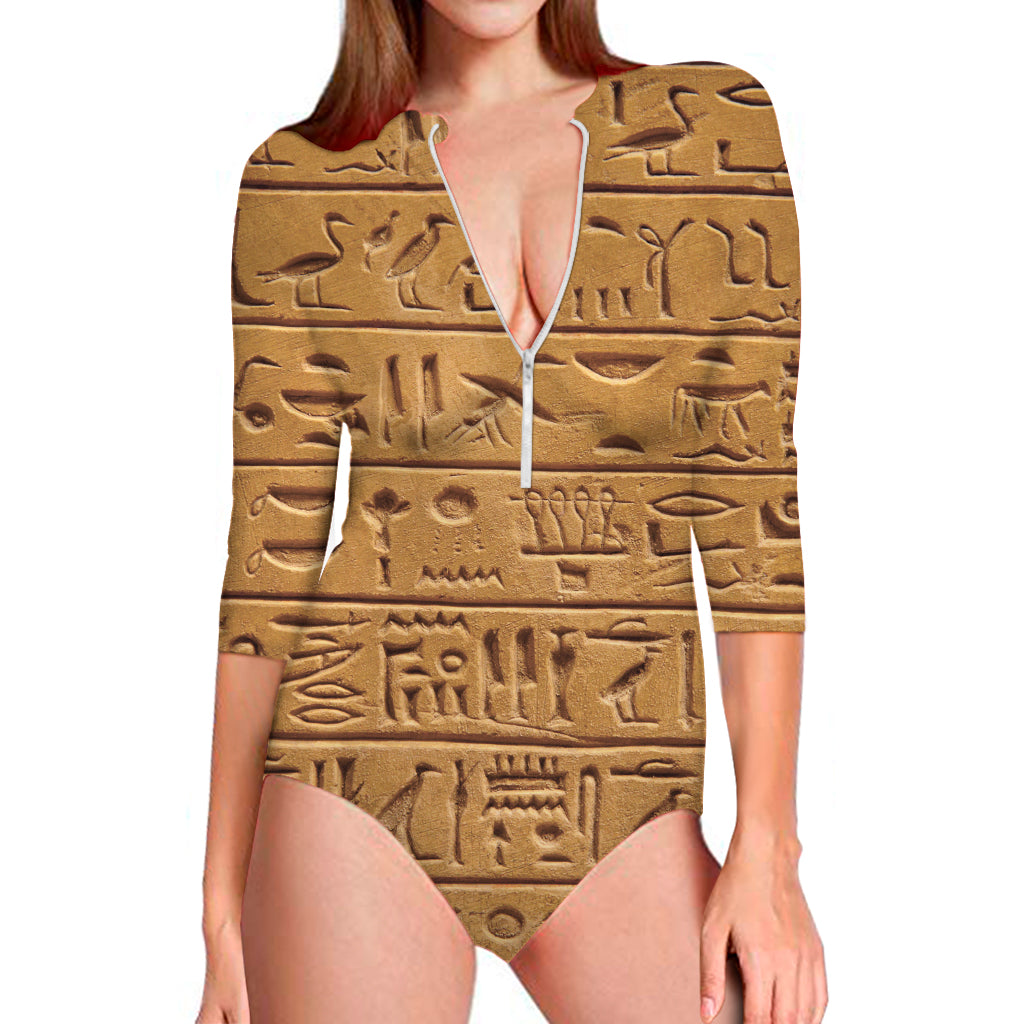 Egyptian Hieroglyphs Print Long Sleeve One Piece Swimsuit