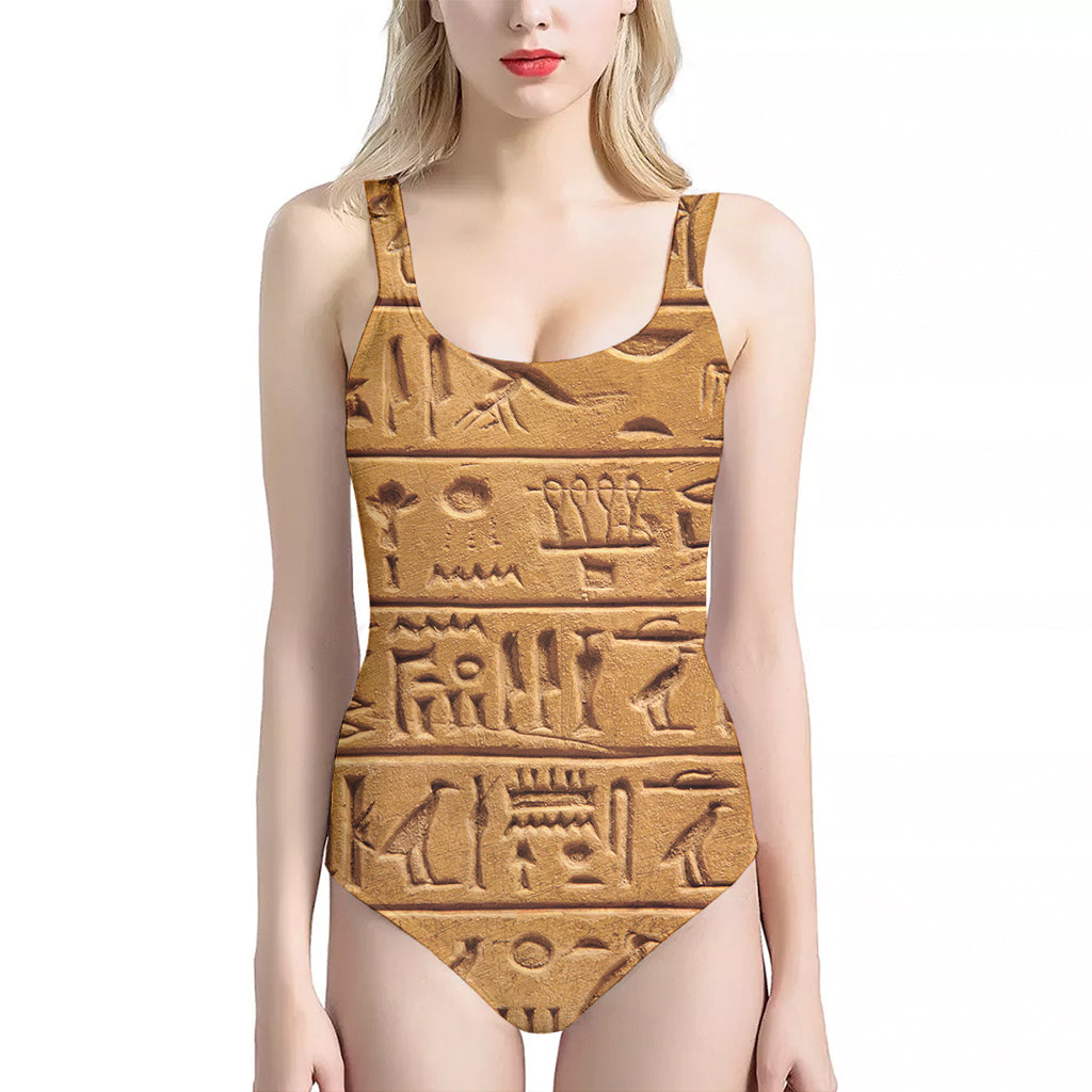 Egyptian Hieroglyphs Print One Piece Halter Neck Swimsuit