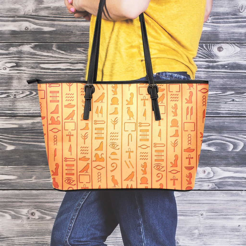 Egyptian Hieroglyphs Symbol Print Leather Tote Bag