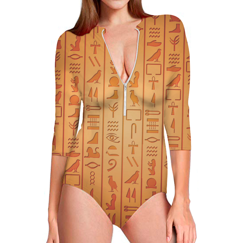 Egyptian Hieroglyphs Symbol Print Long Sleeve One Piece Swimsuit