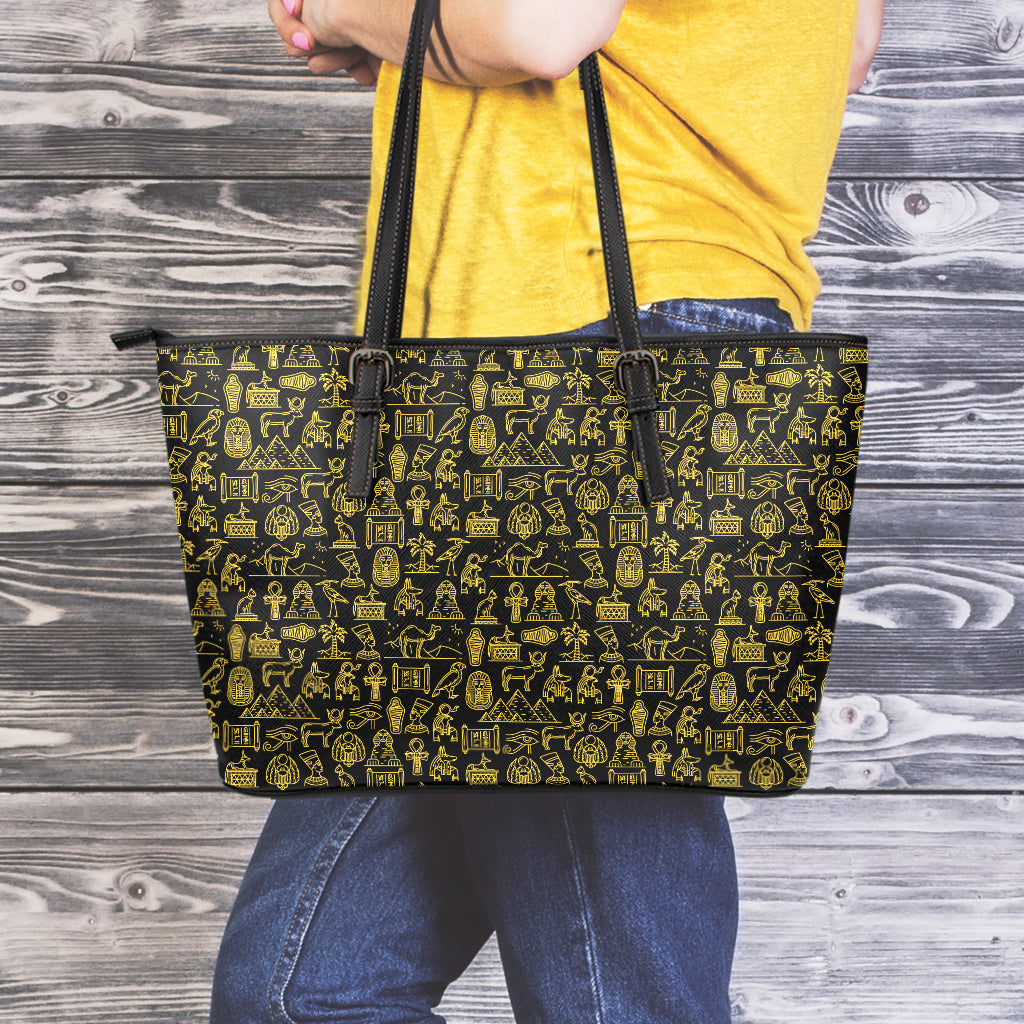 Egyptian Symbols Pattern Print Leather Tote Bag