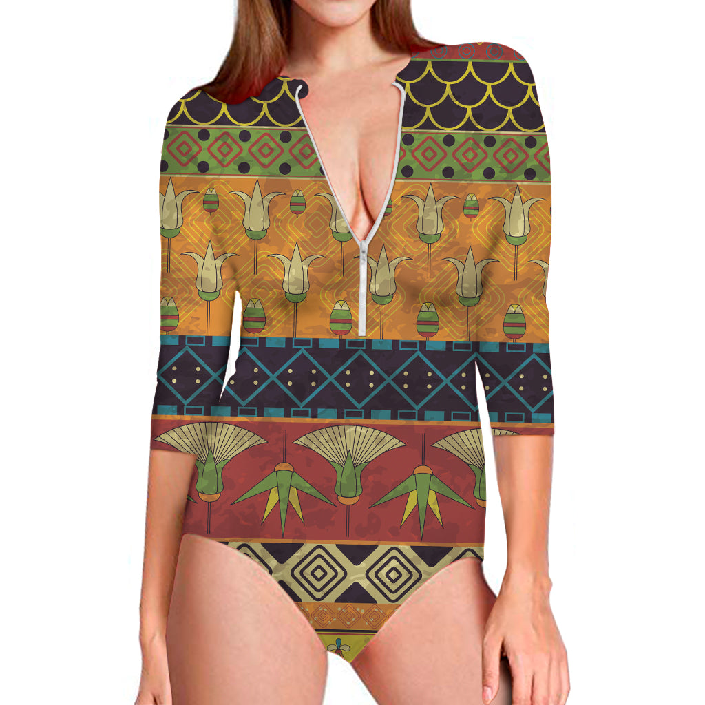 Egyptian Tribal Pattern Print Long Sleeve One Piece Swimsuit