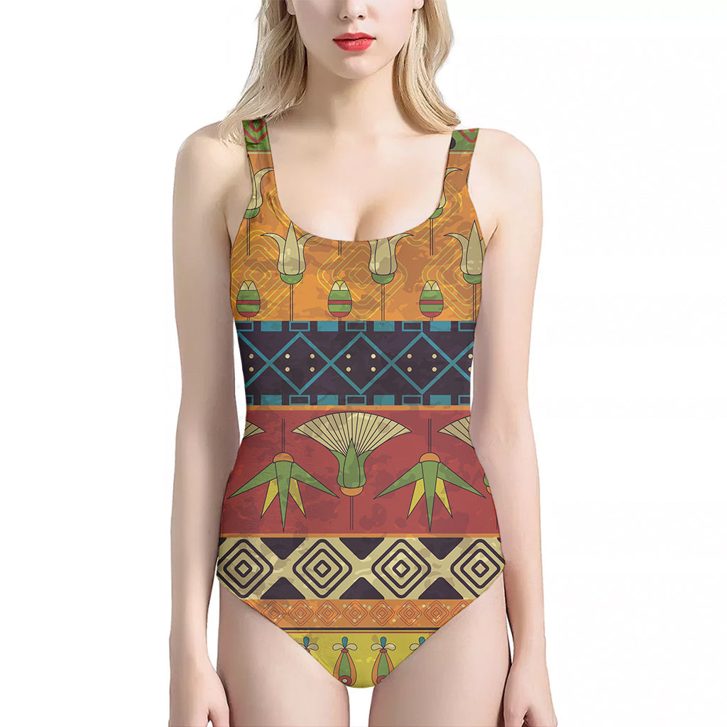 Egyptian Tribal Pattern Print One Piece Halter Neck Swimsuit