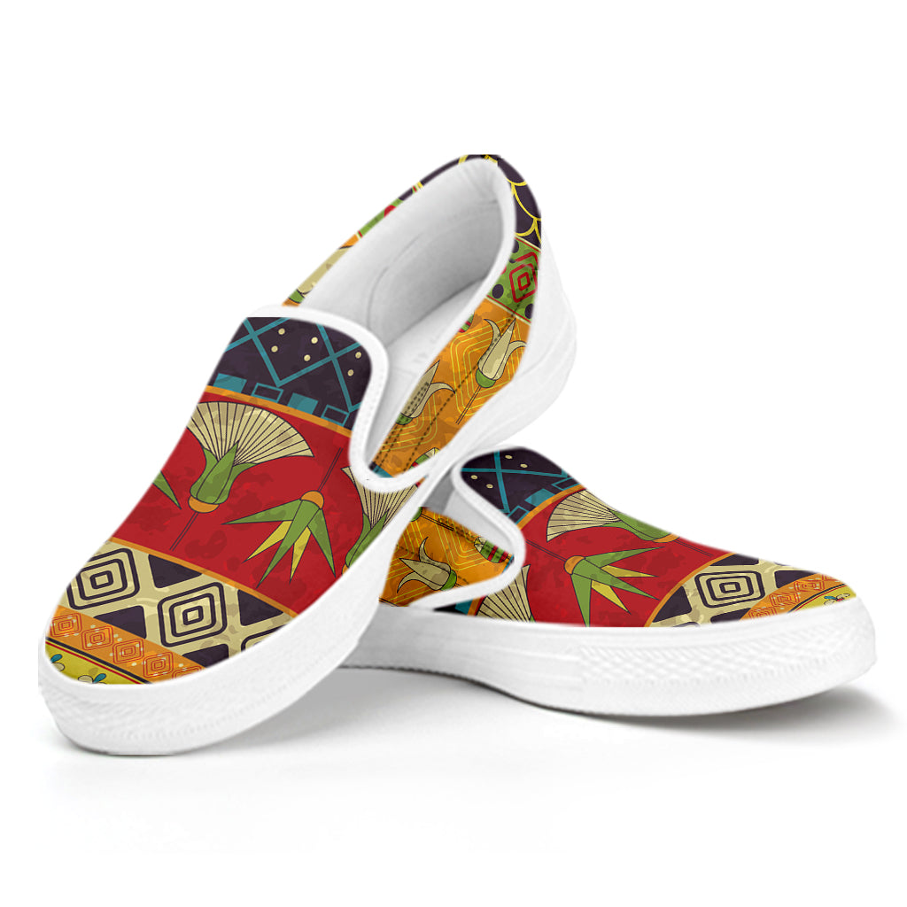 Egyptian Tribal Pattern Print White Slip On Shoes