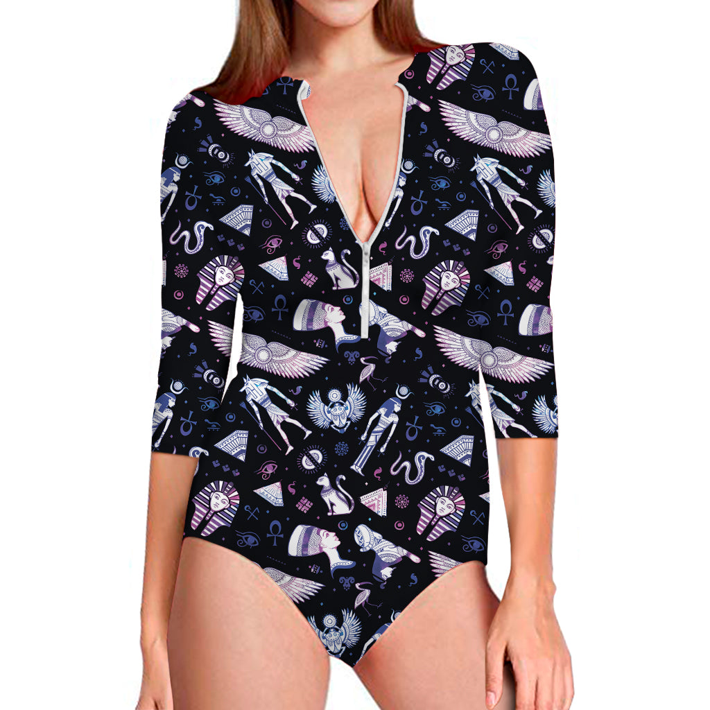 Egyptian Tribal Symbols Print Long Sleeve One Piece Swimsuit