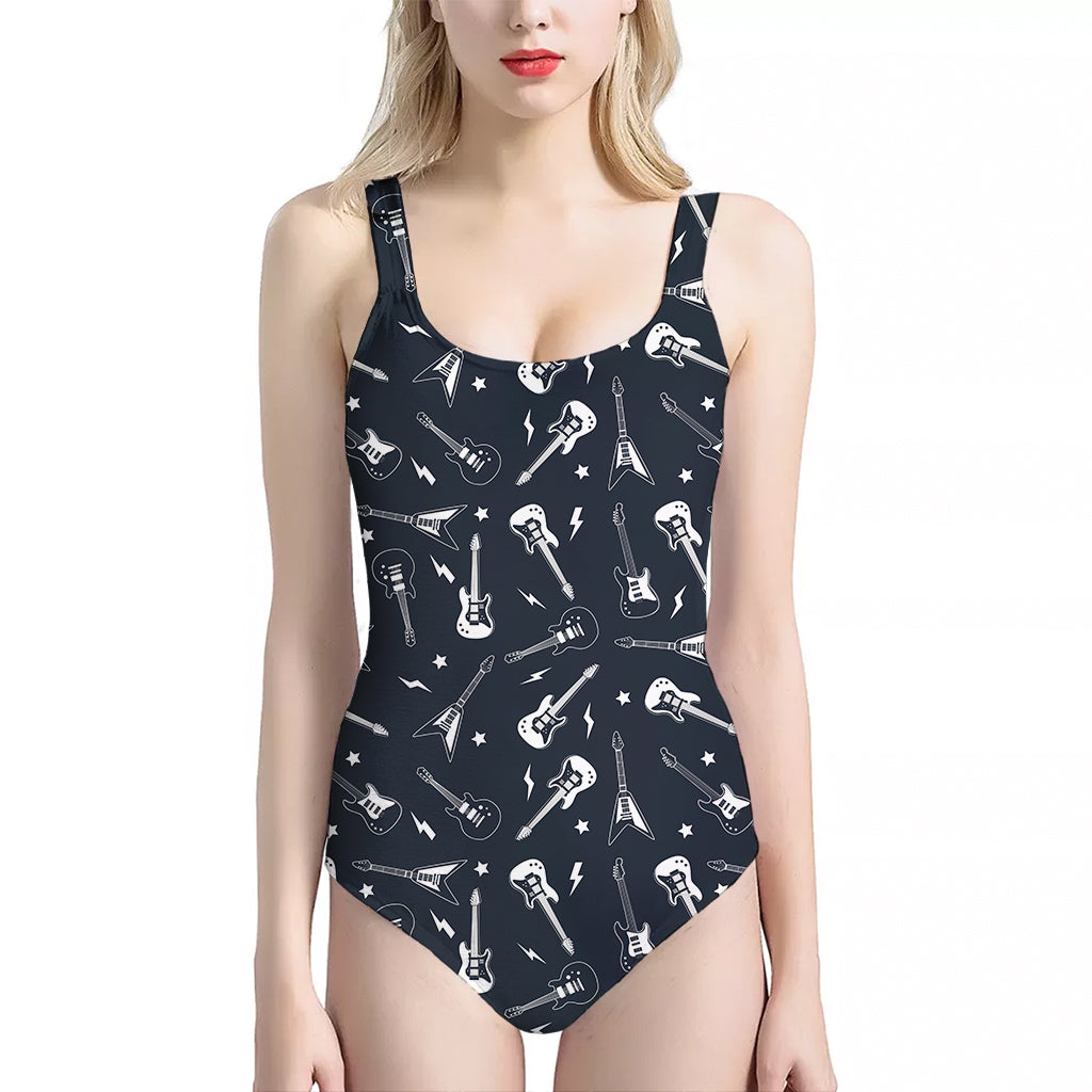 Electric Guitar Pattern Print One Piece Halter Neck Swimsuit