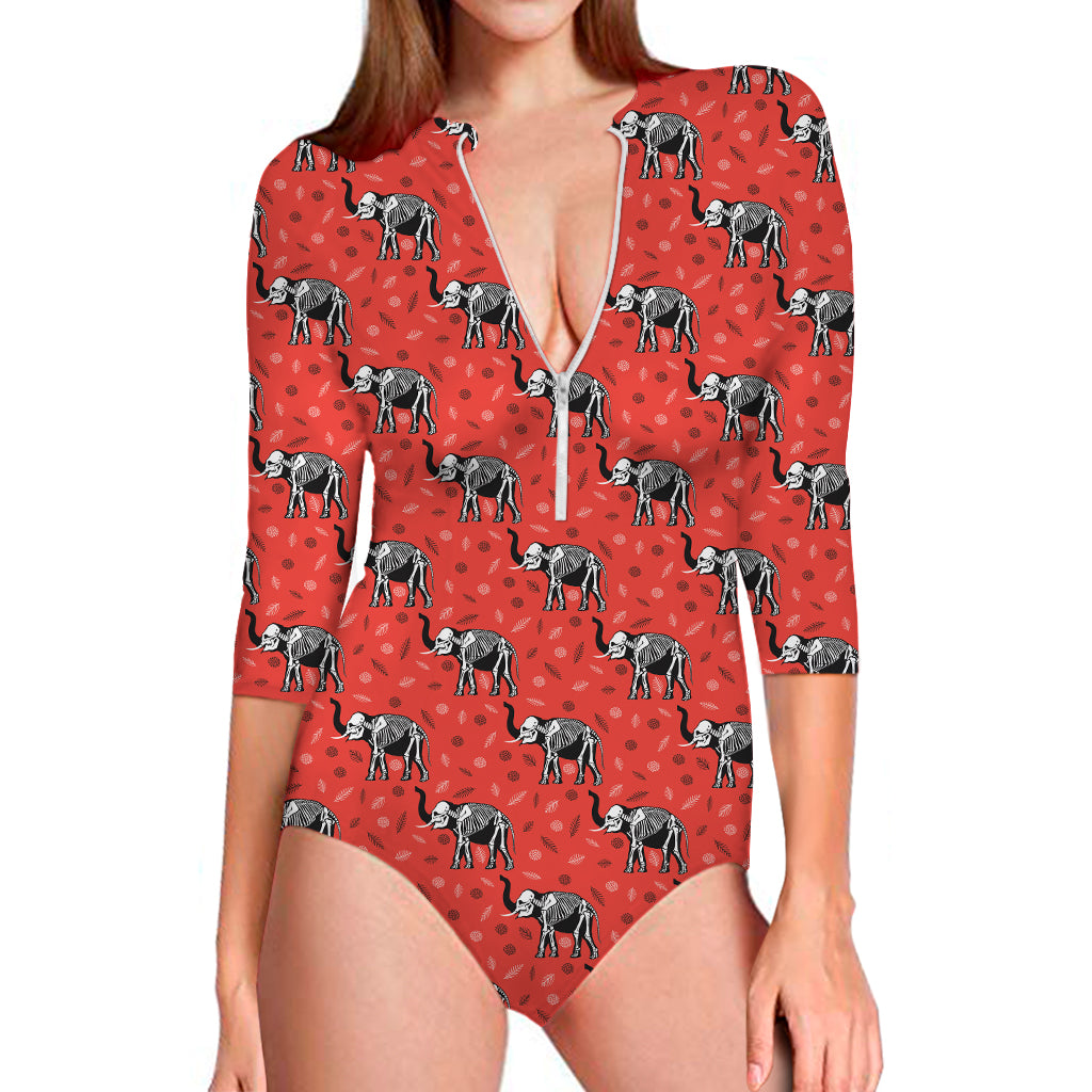 Elephant Skeleton X-Ray Pattern Print Long Sleeve One Piece Swimsuit