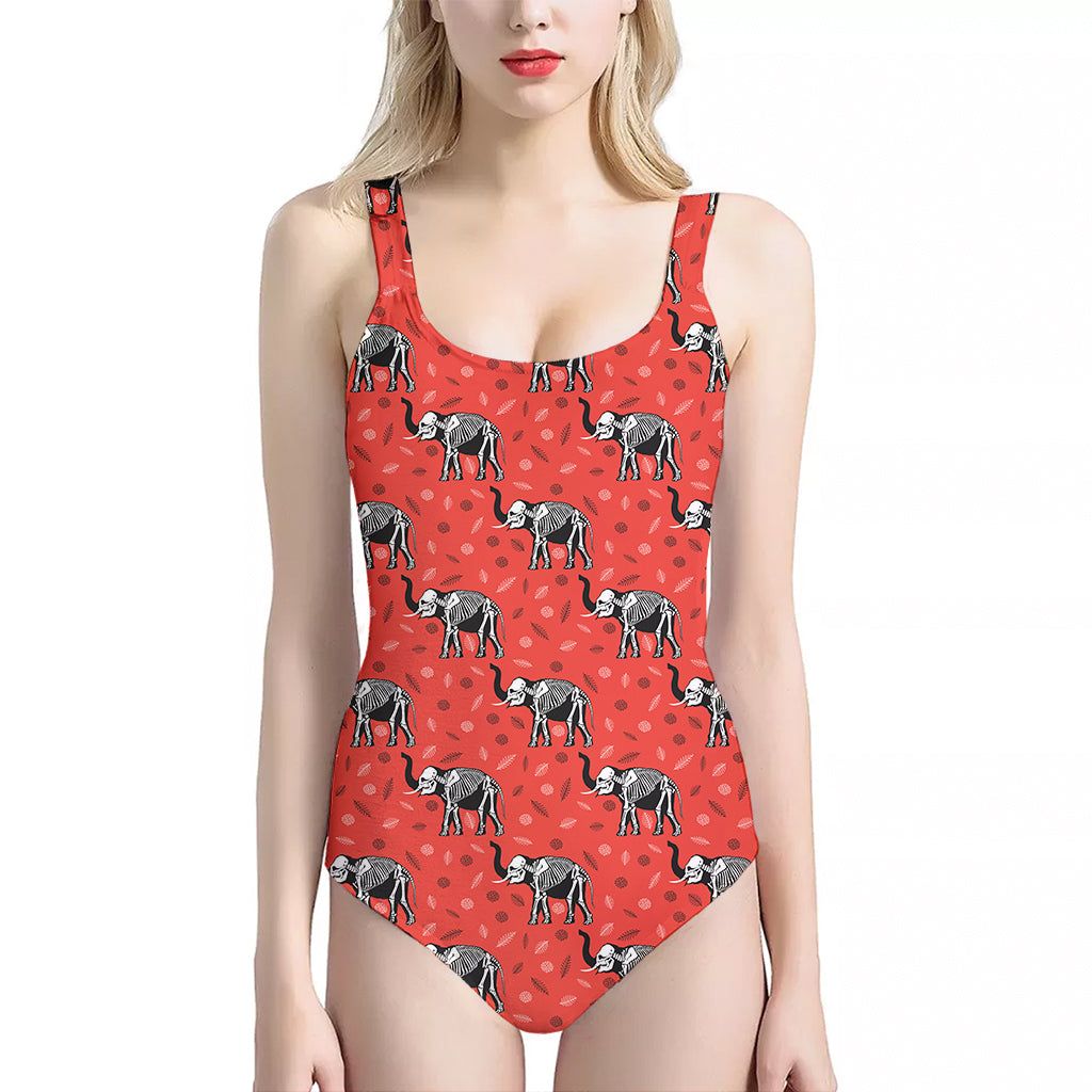 Elephant Skeleton X-Ray Pattern Print One Piece Halter Neck Swimsuit