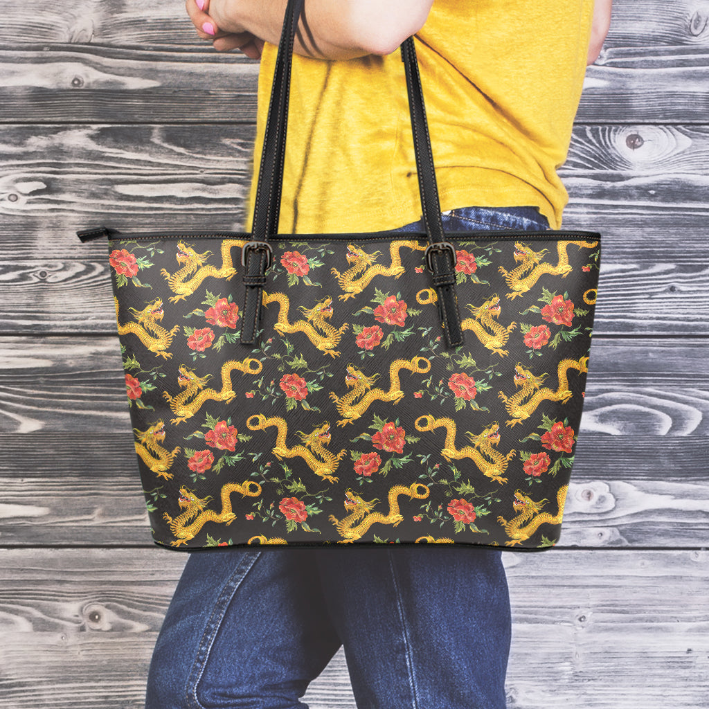 Embroidery Chinese Dragon Pattern Print Leather Tote Bag
