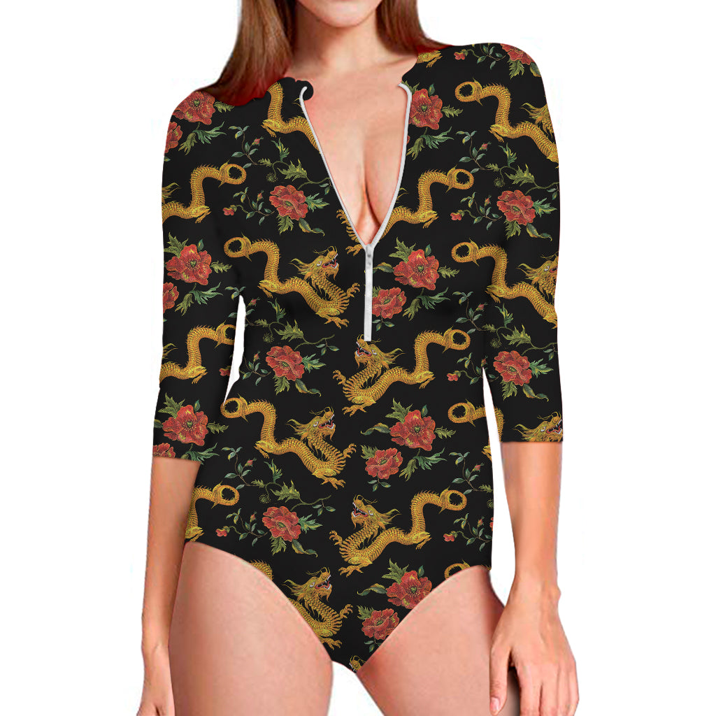 Embroidery Chinese Dragon Pattern Print Long Sleeve One Piece Swimsuit