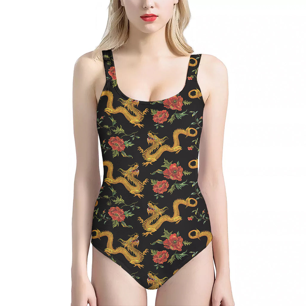 Embroidery Chinese Dragon Pattern Print One Piece Halter Neck Swimsuit