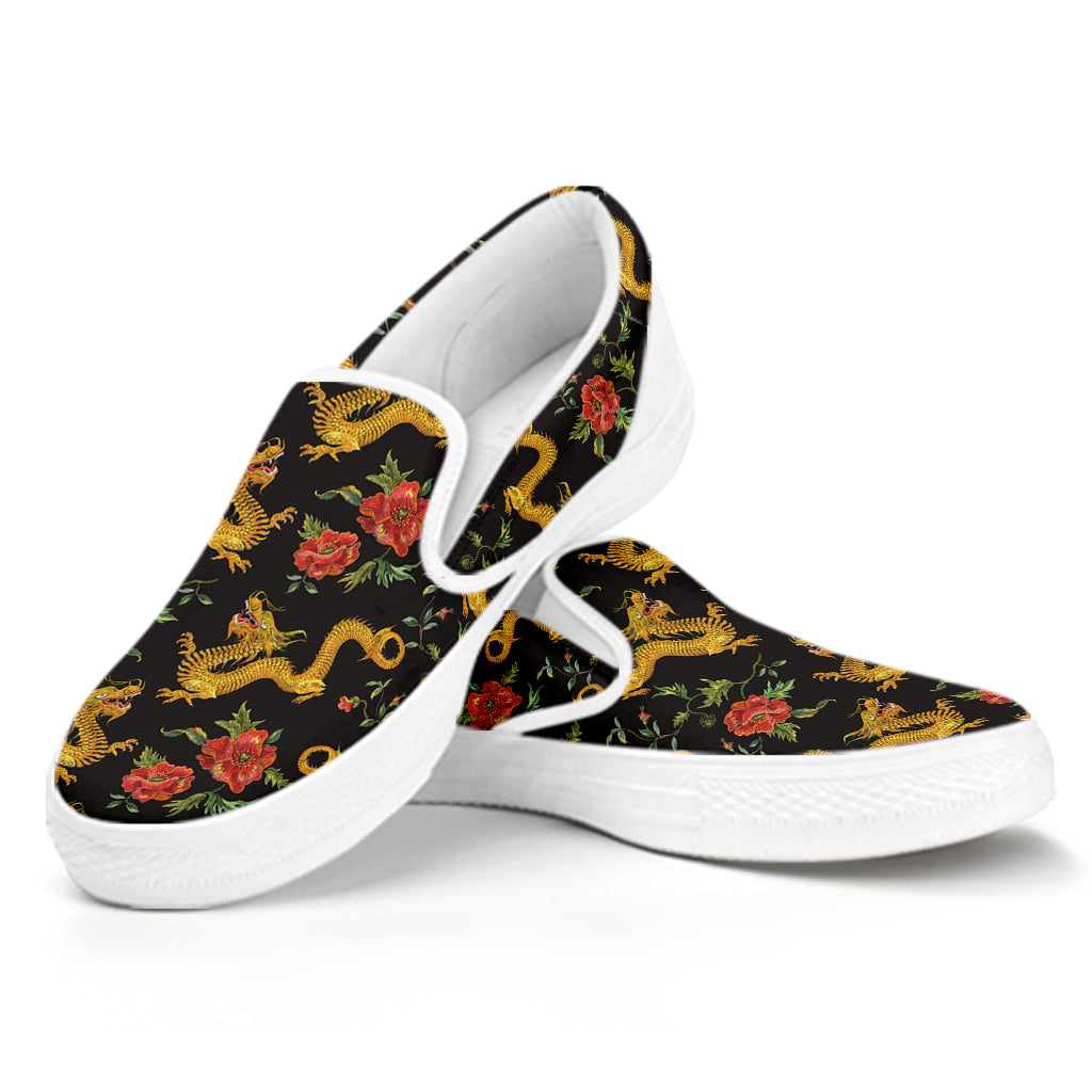 Embroidery Chinese Dragon Pattern Print White Slip On Shoes
