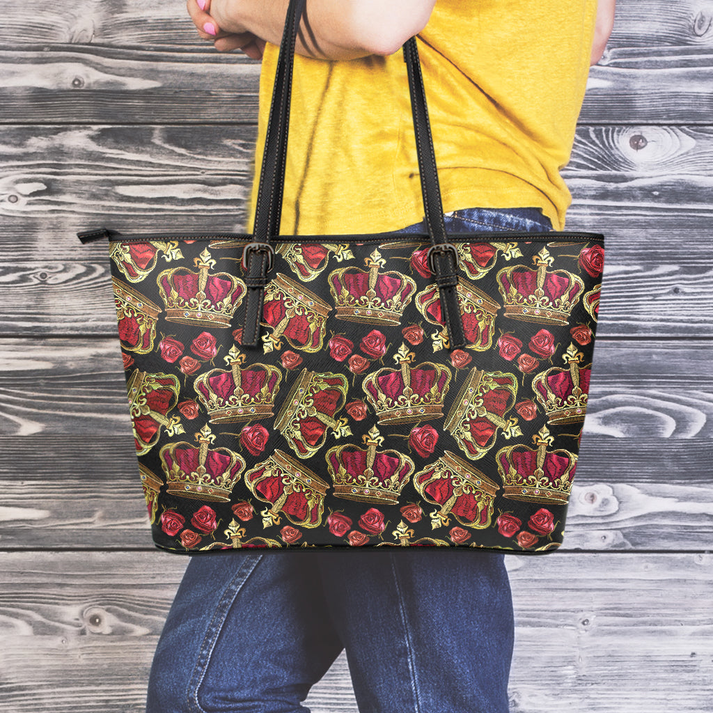 Embroidery Crown Pattern Print Leather Tote Bag