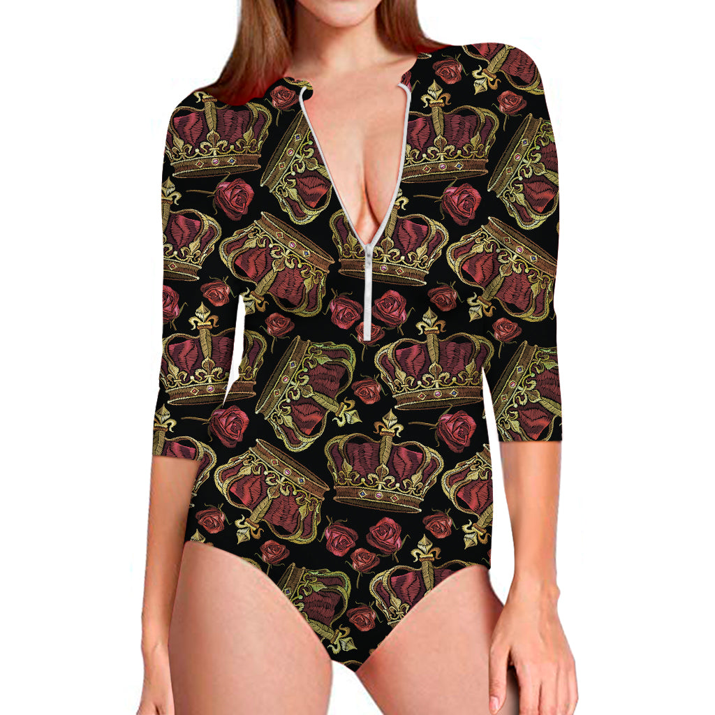 Embroidery Crown Pattern Print Long Sleeve One Piece Swimsuit