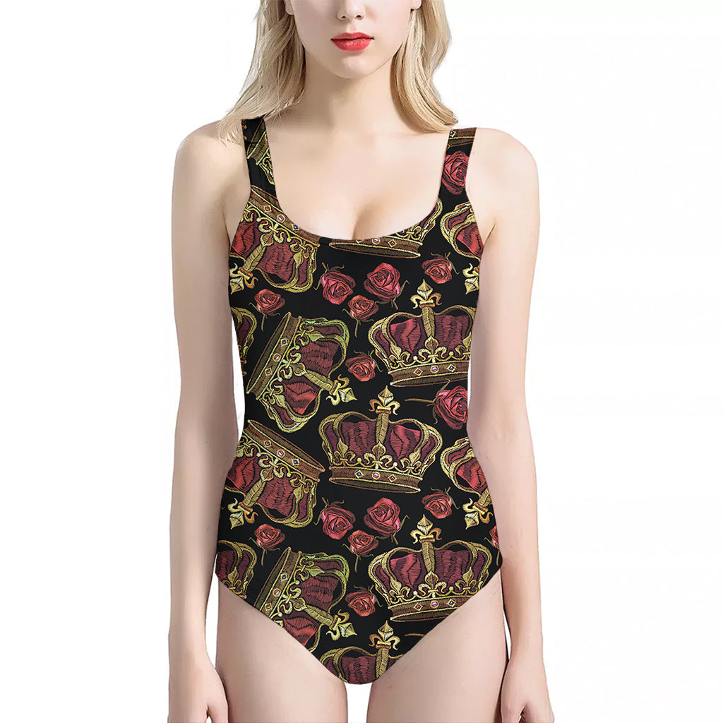 Embroidery Crown Pattern Print One Piece Halter Neck Swimsuit