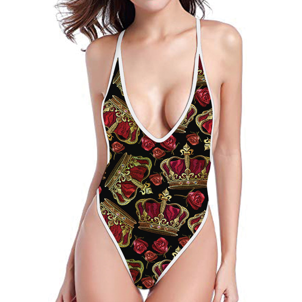 Embroidery Crown Pattern Print One Piece High Cut Swimsuit