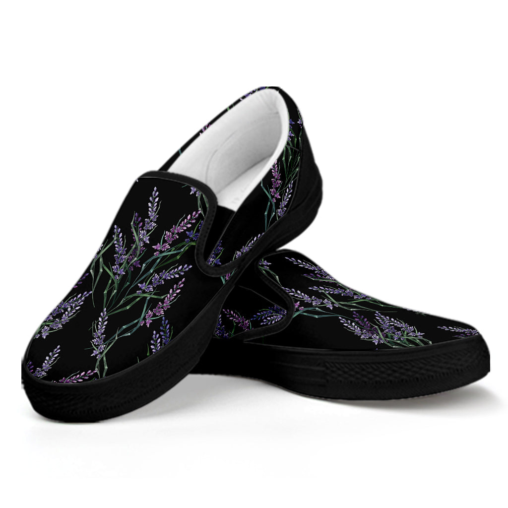 Embroidery Lavender Pattern Print Black Slip On Shoes