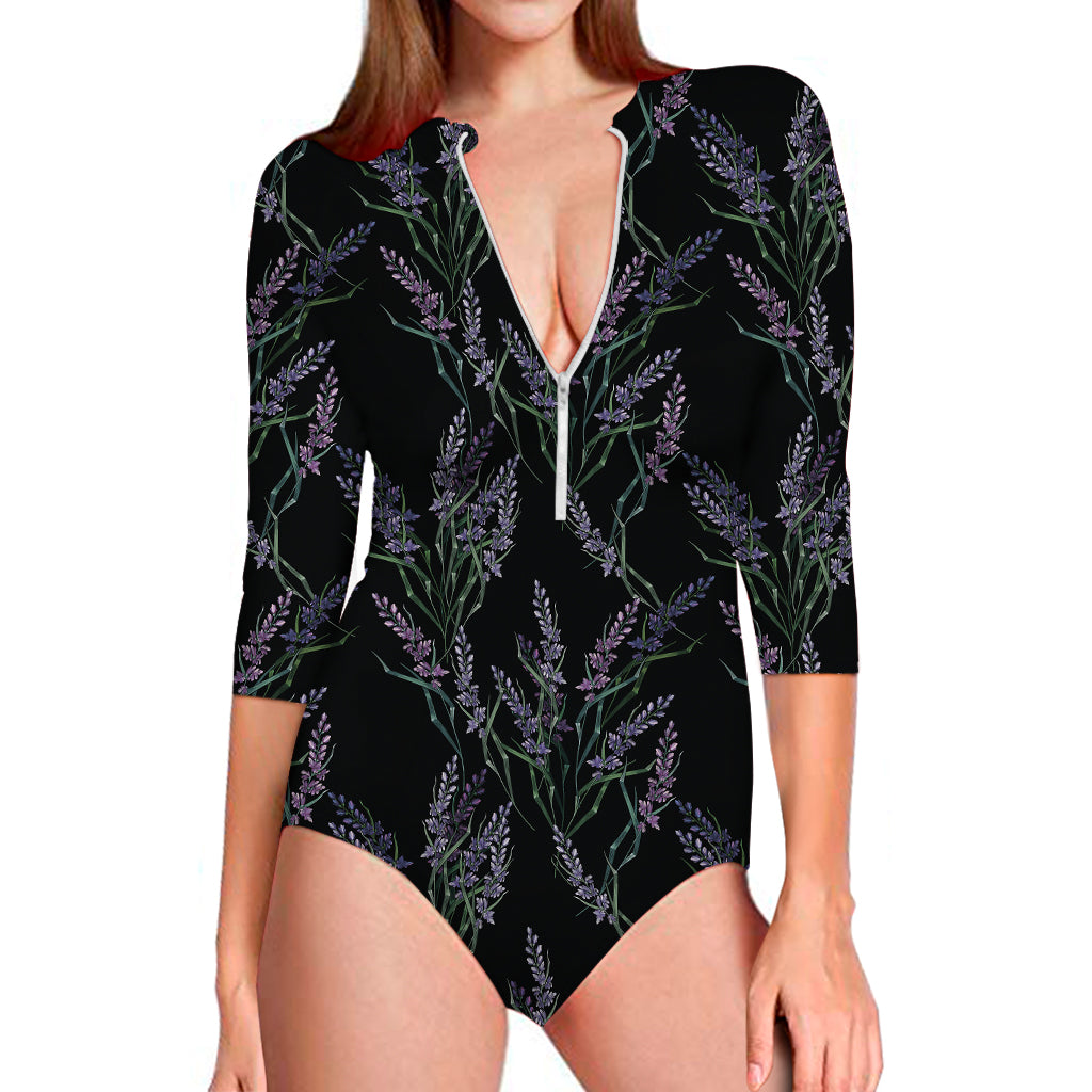 Embroidery Lavender Pattern Print Long Sleeve One Piece Swimsuit