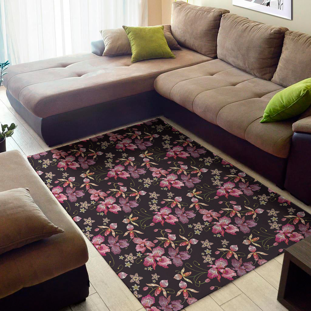 Embroidery Orchid Flower Pattern Print Area Rug