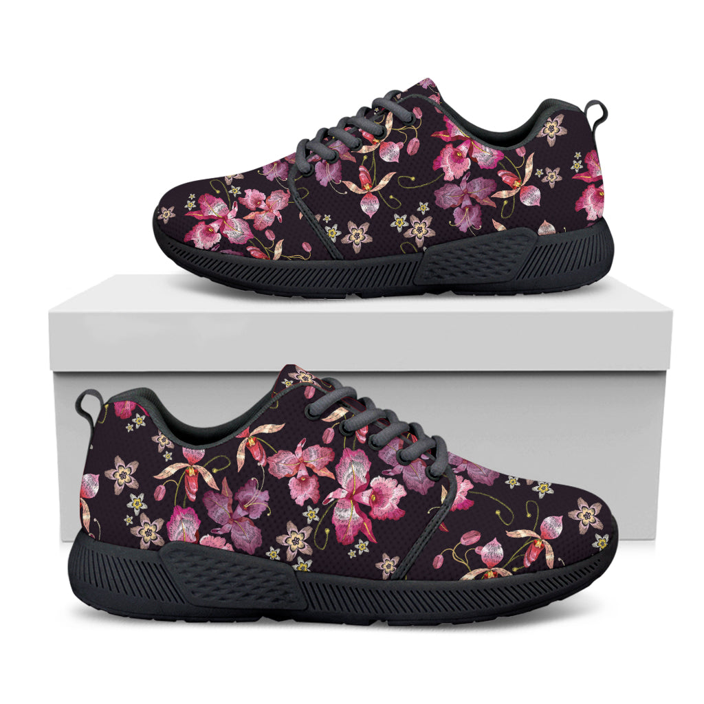 Embroidery Orchid Flower Pattern Print Black Athletic Shoes