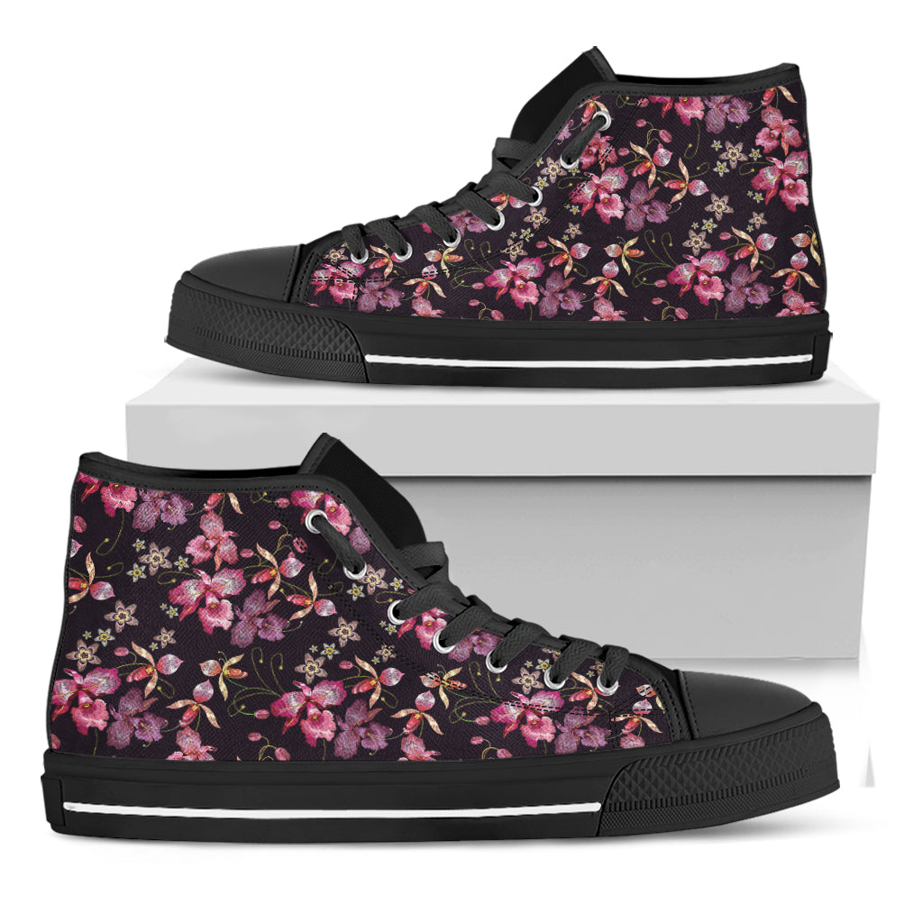 Embroidery Orchid Flower Pattern Print Black High Top Shoes