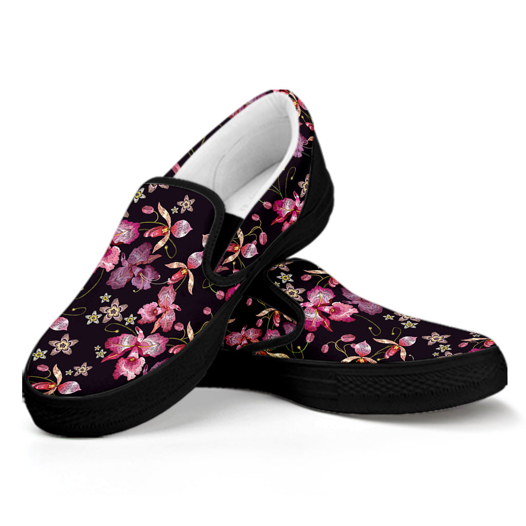 Embroidery Orchid Flower Pattern Print Black Slip On Shoes