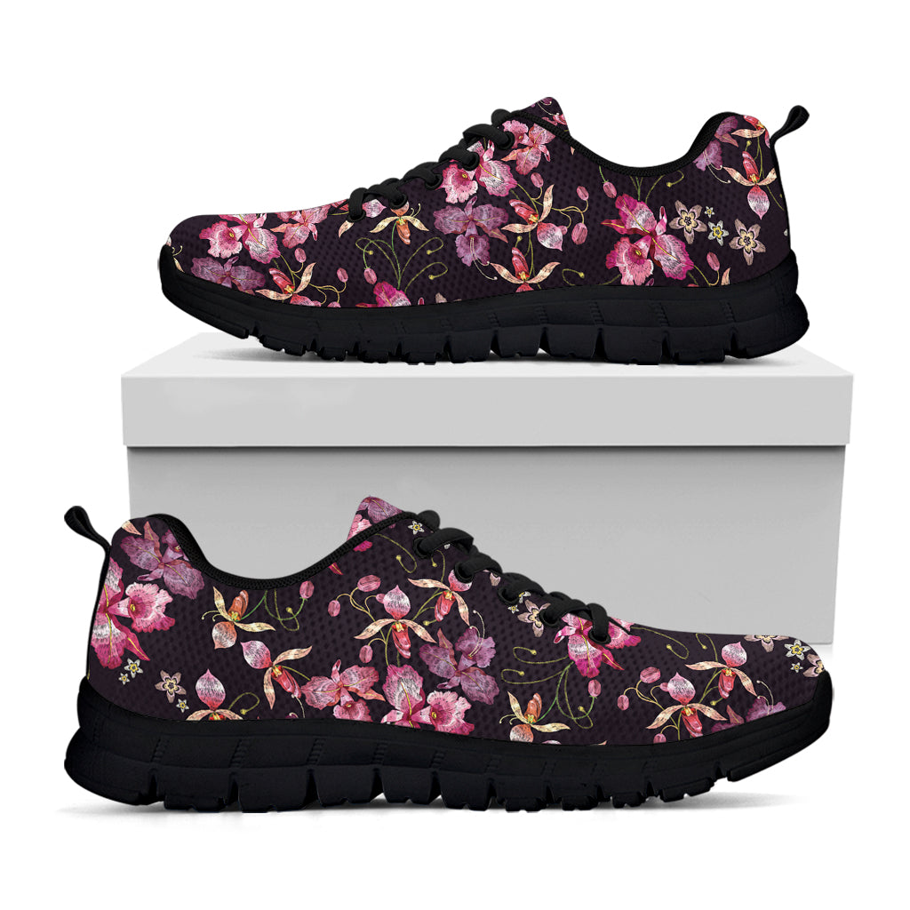 Embroidery Orchid Flower Pattern Print Black Sneakers