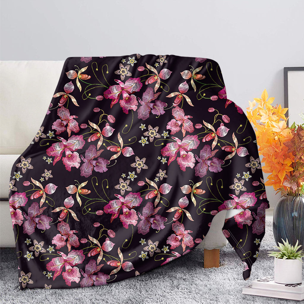 Embroidery Orchid Flower Pattern Print Blanket