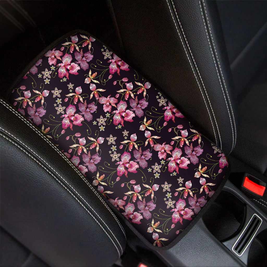 Embroidery Orchid Flower Pattern Print Car Center Console Cover