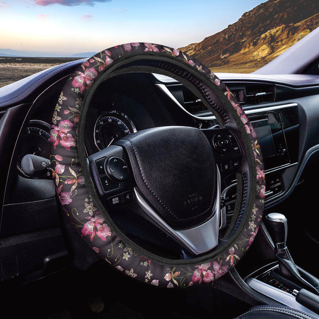 Embroidery Orchid Flower Pattern Print Car Steering Wheel Cover