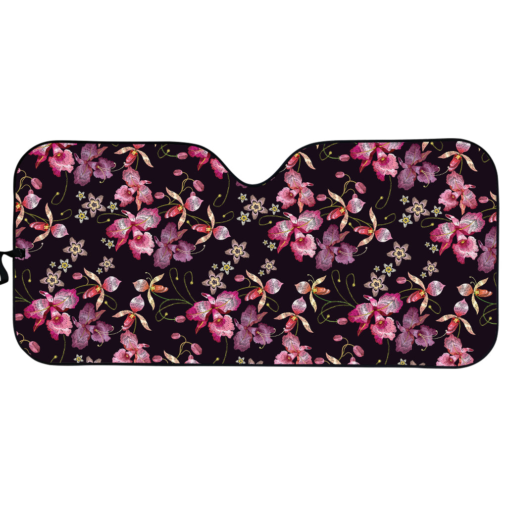 Embroidery Orchid Flower Pattern Print Car Sun Shade