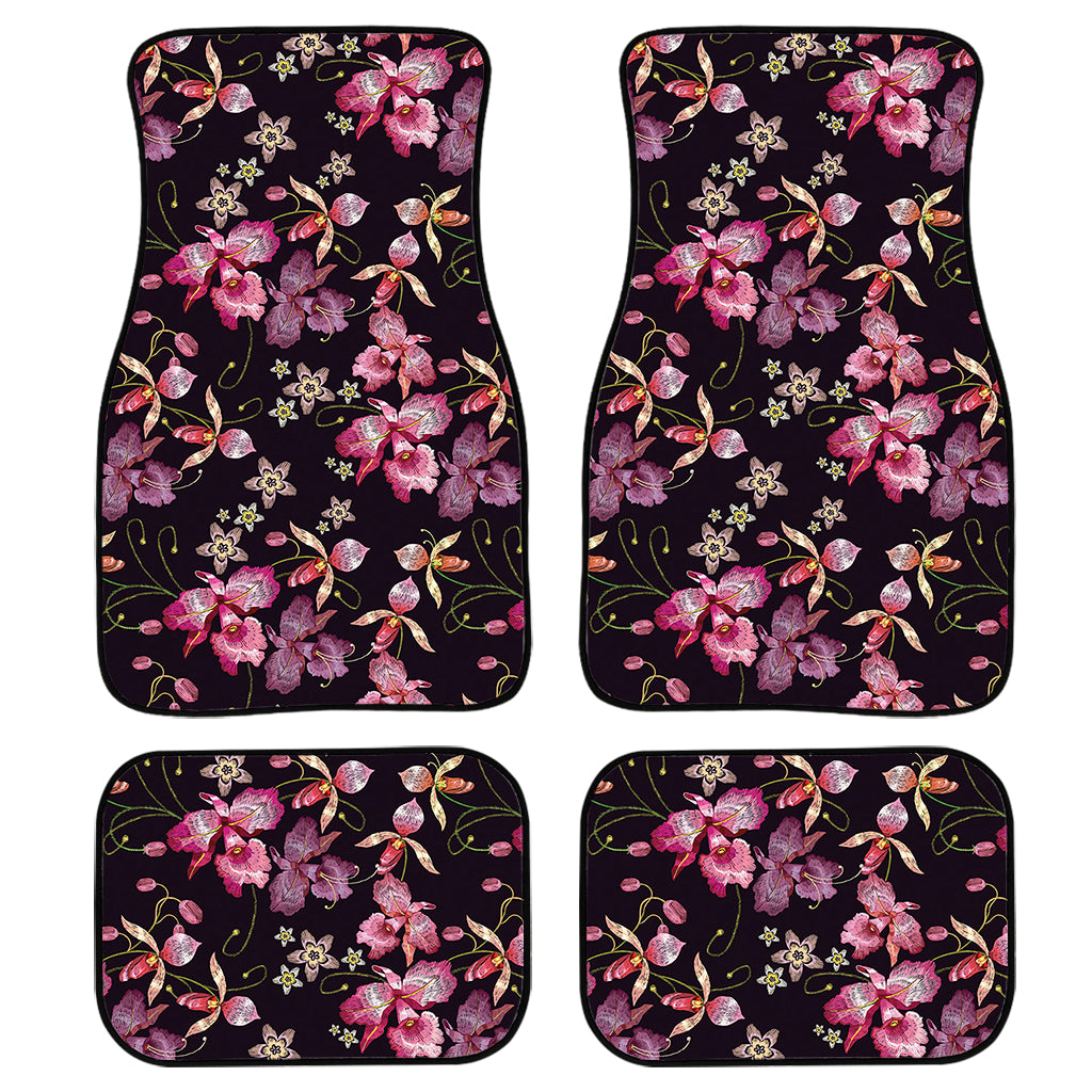 Embroidery Orchid Flower Pattern Print Front and Back Car Floor Mats